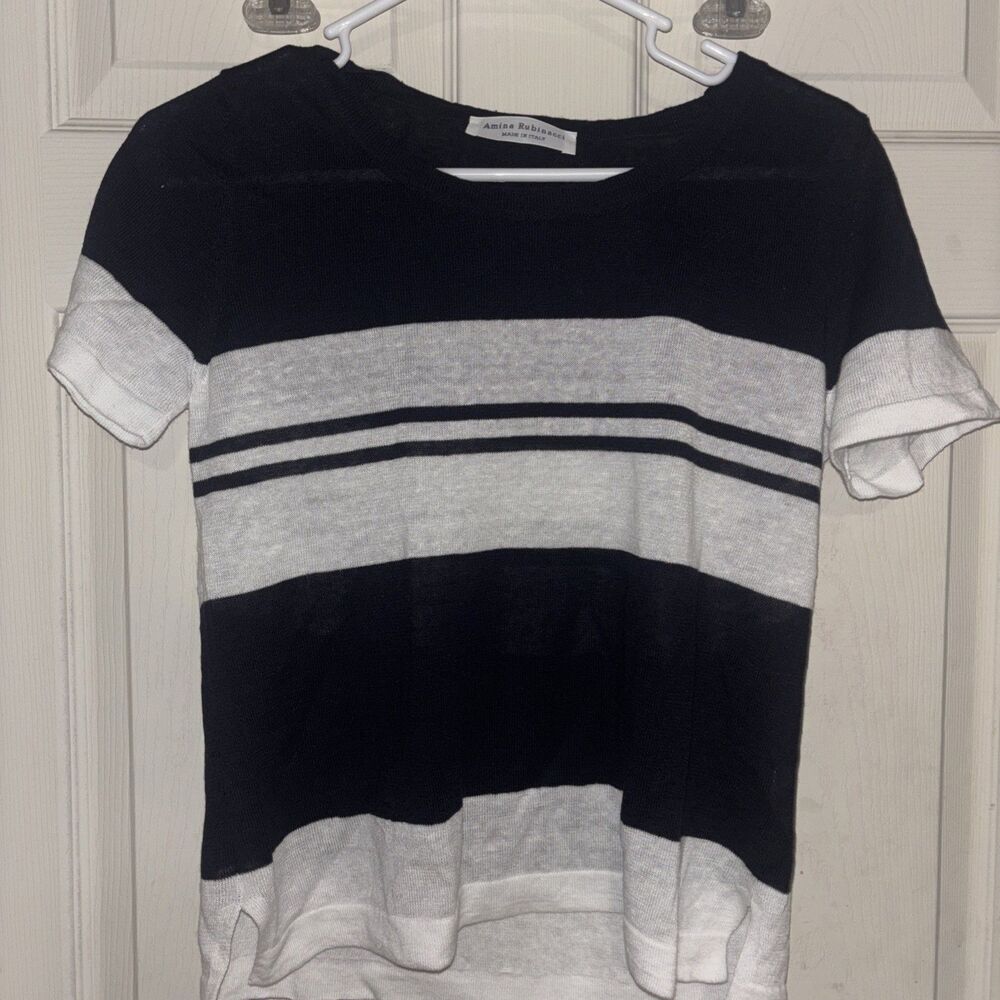 Amina Rubinacci Size 42 Knit Top Short Sleeves Navy White Stripe Linen Blend